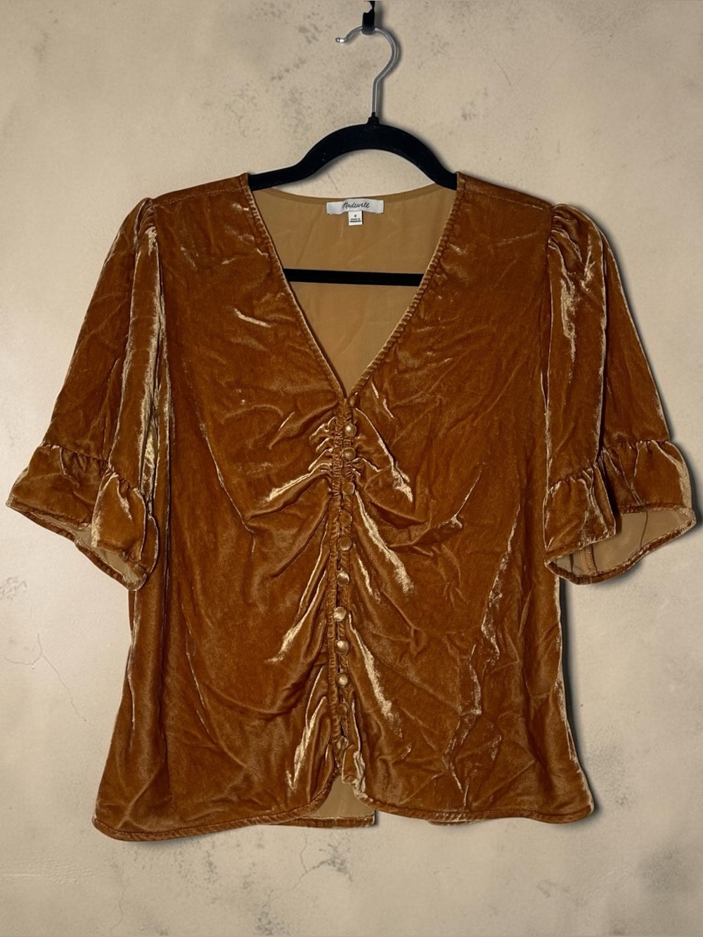 Madewell Burnt Orange Velvet Button-Front V-Neck Blouse Sz 8
